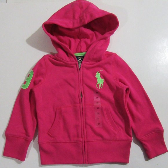 Polo Ralph Lauren Girls Hooded Sweat Jacket Hoodie Pink w Big Neon Green Pony 2T - Picture 1 of 3